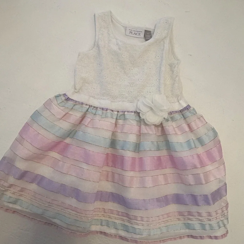 The Childrens Place Girls White Lace Pastel Striped Party Dress 4T Gold Metallic